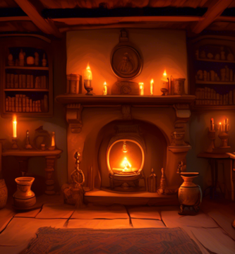 A detailed illustration of an ancient home interior, showcasing various forms of old-world lighting. The scene includes oil lamps, torches, and candles car