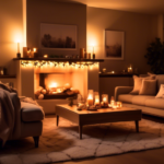 Create an image of a cozy living room in the evening, illuminated by warm, soft lighting. Show table lamps with soft fabric shades, string lights draped al