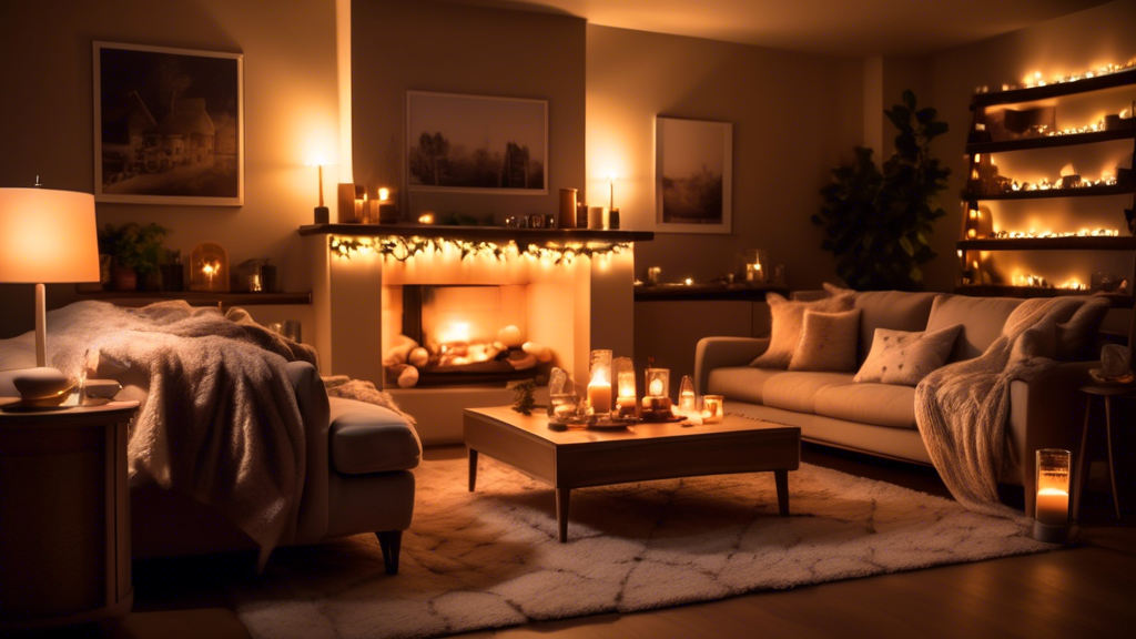 Create an image of a cozy living room in the evening, illuminated by warm, soft lighting. Show table lamps with soft fabric shades, string lights draped al