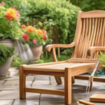 A picturesque backyard scene featuring teak outdoor furniture being cleaned. Show a person wearing gloves gently scrubbing a teak chair with a brush, while