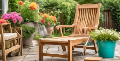 A picturesque backyard scene featuring teak outdoor furniture being cleaned. Show a person wearing gloves gently scrubbing a teak chair with a brush, while