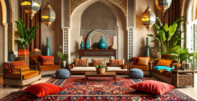 Create an image of a traditional Saudi Arabian living room, showcasing the intricate designs and vibrant colors typical of Saudi decor. Include patterned r