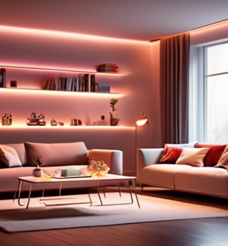 A modern living room with stylish furniture and decor beautifully illuminated by various LED lights. Some LED strip lights are subtly placed along the ceil