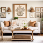 A bright and cozy living room setting showcasing a beautifully revamped wood chest with fresh paint, stylish hardware, and creative embellishments. The che