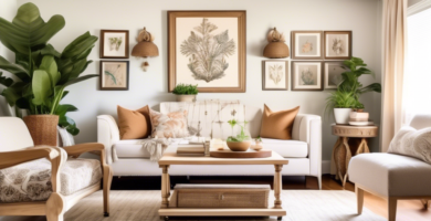 A bright and cozy living room setting showcasing a beautifully revamped wood chest with fresh paint, stylish hardware, and creative embellishments. The che