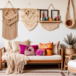 A cozy, well-lit room filled with various DIY home decor crafts. There's a rustic wooden shelf with handmade pottery and painted picture frames, a wall ado