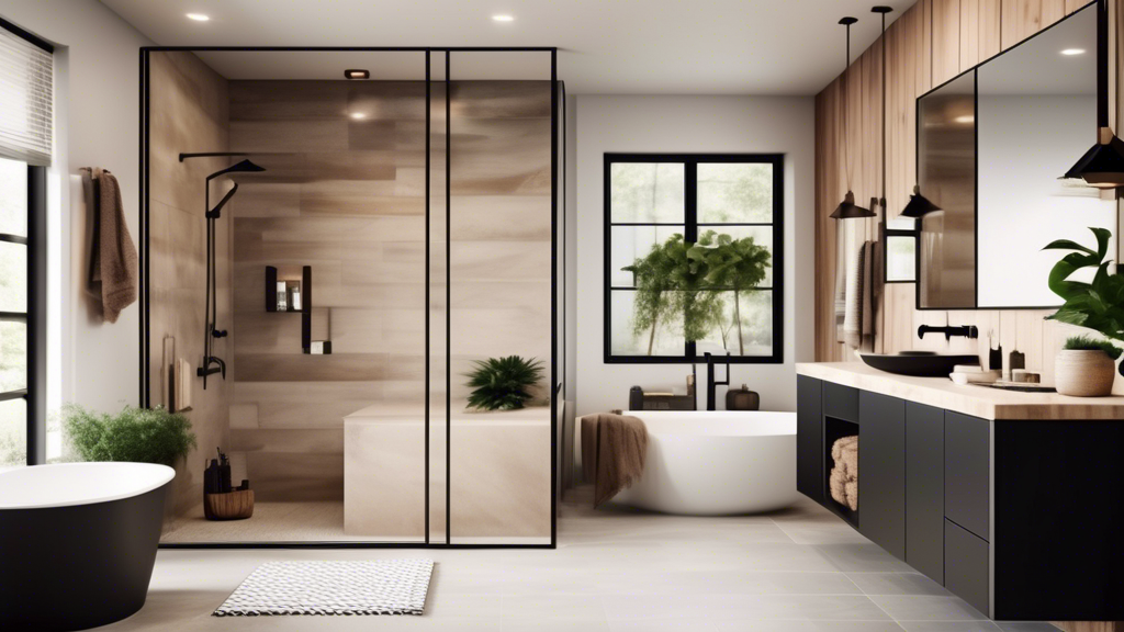 Create an image of a modern bathroom showcasing the top trends in contemporary design. Emphasize sleek minimalistic fixtures, a large walk-in shower with f