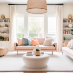 A bright and airy living room filled with natural light, featuring a mix of modern and classic furniture, soft pastel color palette, cozy textiles, and ele