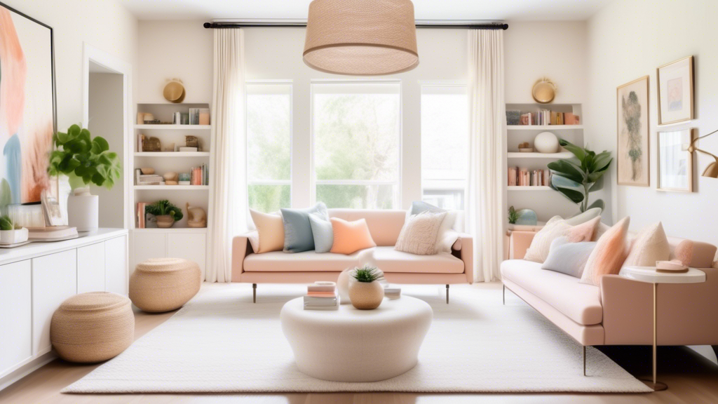 A bright and airy living room filled with natural light, featuring a mix of modern and classic furniture, soft pastel color palette, cozy textiles, and ele