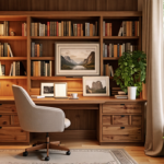 A warm and inviting wooden home office setup featuring a wooden desk, matching bookshelves, cozy armchair, soft lighting from a desk lamp, and lush indoor