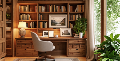 A warm and inviting wooden home office setup featuring a wooden desk, matching bookshelves, cozy armchair, soft lighting from a desk lamp, and lush indoor