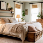 A cozy bedroom featuring beautifully repurposed furniture; an old dresser turned into a chic vanity with a stylish mirror, a vintage bed frame updated with