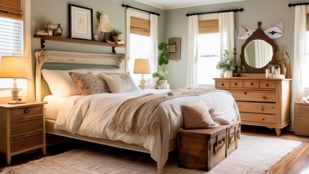 A cozy bedroom featuring beautifully repurposed furniture; an old dresser turned into a chic vanity with a stylish mirror, a vintage bed frame updated with