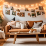 A cozy living room filled with various DIY home decor projects, including handmade cushion covers, a repurposed wooden coffee table, and custom wall art. T