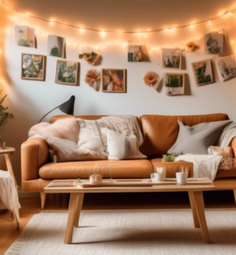 A cozy living room filled with various DIY home decor projects, including handmade cushion covers, a repurposed wooden coffee table, and custom wall art. T