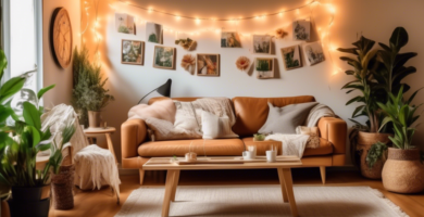 A cozy living room filled with various DIY home decor projects, including handmade cushion covers, a repurposed wooden coffee table, and custom wall art. T