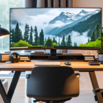 A modern home office setup featuring a sleek ergonomic chair, an adjustable standing desk, a high-resolution monitor with a stylish monitor stand, an advan