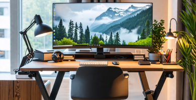 A modern home office setup featuring a sleek ergonomic chair, an adjustable standing desk, a high-resolution monitor with a stylish monitor stand, an advan