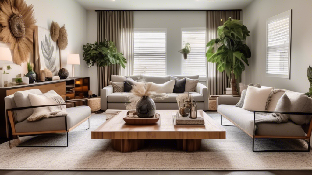 A modern living room showcasing a stylish furniture set with a contemporary sofa, a chic coffee table, elegant armchairs, and decorative throw pillows. The