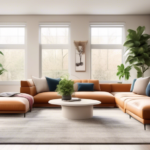 A spacious, modern living room with a minimalist design, featuring a mix of neutral and bold colors, comfortable furniture, stylish décor, and plenty of na