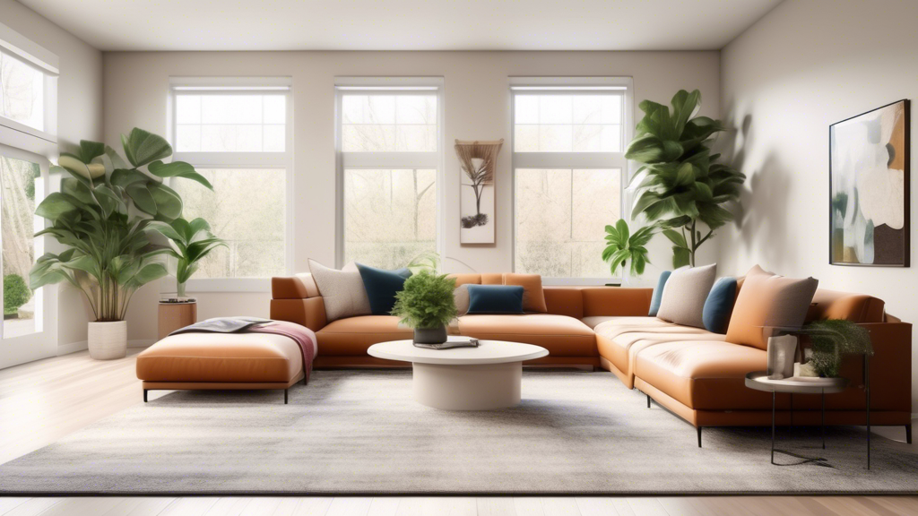 A spacious, modern living room with a minimalist design, featuring a mix of neutral and bold colors, comfortable furniture, stylish décor, and plenty of na