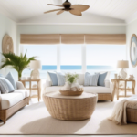 A beautifully designed coastal living room with large windows showcasing a pristine beach view. The room features light, airy colors such as whites, soft b