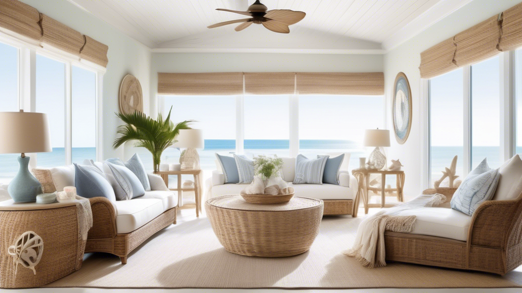 A beautifully designed coastal living room with large windows showcasing a pristine beach view. The room features light, airy colors such as whites, soft b