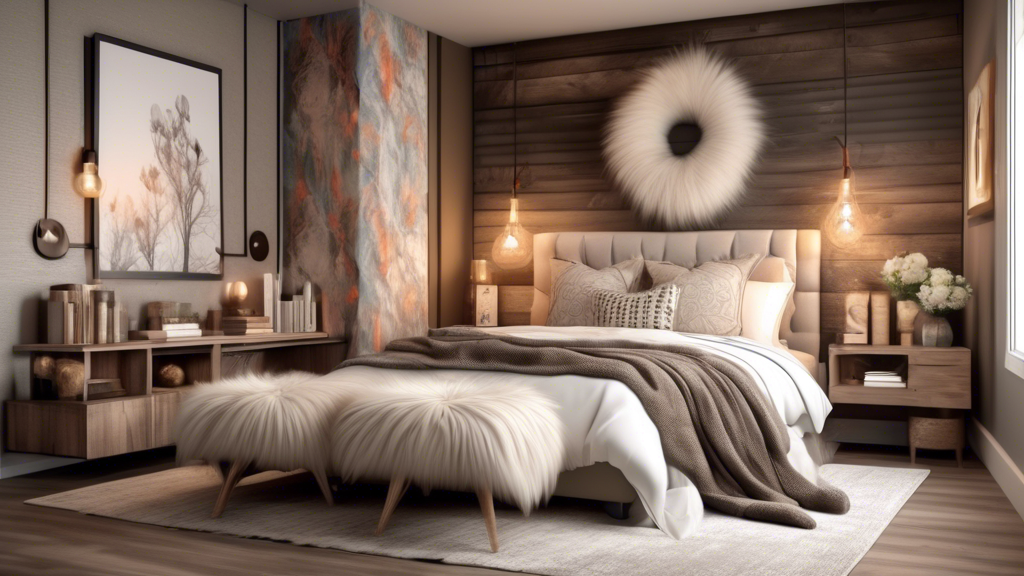 A cozy and stylish bedroom featuring a blend of modern and rustic elements; soft, ambient lighting; an accent wall with artistic wallpaper patterns; a chic