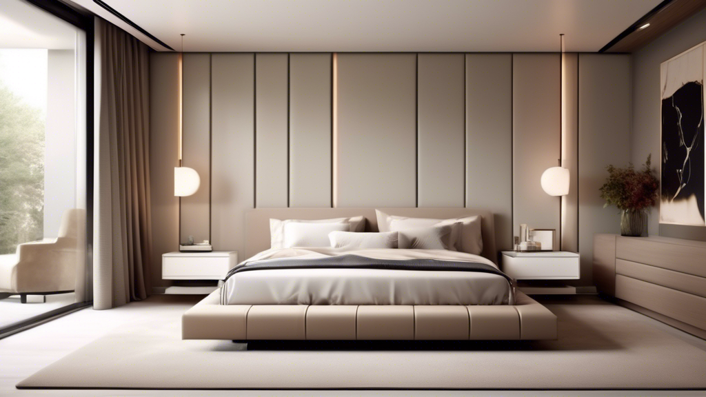 A modern bedroom with a clean, minimalist design featuring a sleek platform bed with a tufted headboard, accentuated by soft ambient lighting. The room inc