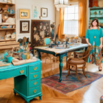 A cozy, well-lit workshop filled with diverse, beautifully restored furniture pieces: a vintage dresser repainted in vibrant turquoise with gold accents, a