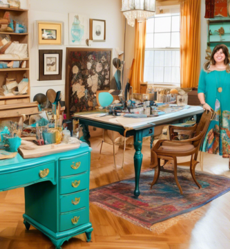 A cozy, well-lit workshop filled with diverse, beautifully restored furniture pieces: a vintage dresser repainted in vibrant turquoise with gold accents, a