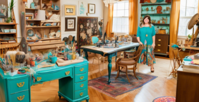 A cozy, well-lit workshop filled with diverse, beautifully restored furniture pieces: a vintage dresser repainted in vibrant turquoise with gold accents, a