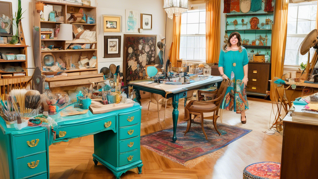 A cozy, well-lit workshop filled with diverse, beautifully restored furniture pieces: a vintage dresser repainted in vibrant turquoise with gold accents, a