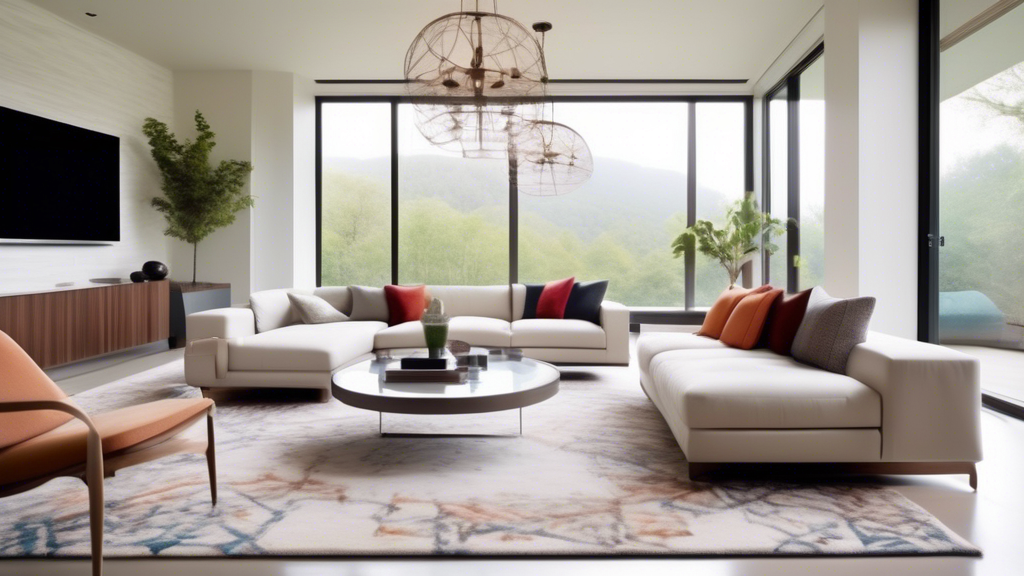 Create an image of a contemporary living room showcasing modern design elements. Include sleek furniture with clean lines, a minimalist coffee table, and a