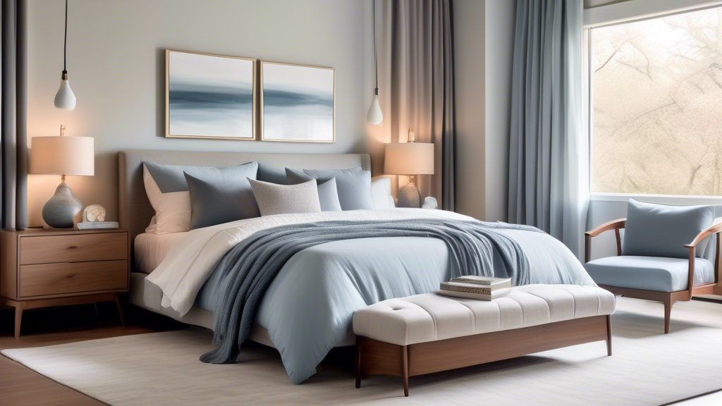 A beautifully designed bedroom showcasing a serene and sophisticated color palette, featuring soft blues, elegant greys, and warm earth tones. The space in