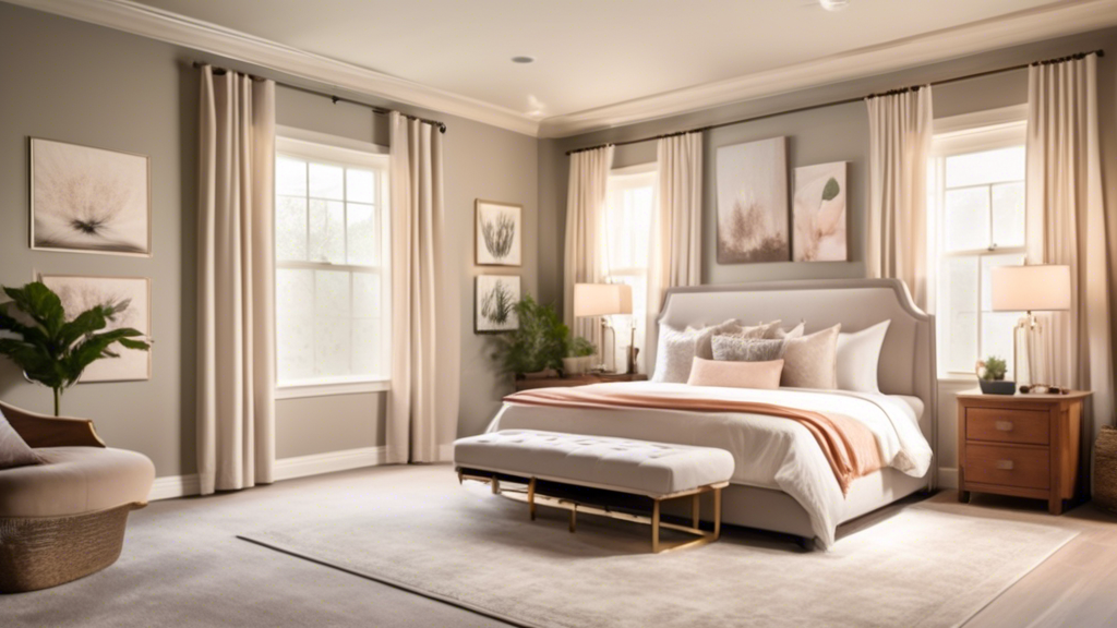 A beautifully designed bedroom with a cozy ambiance, featuring stylish furniture, soft lighting, and thoughtfully chosen decor. The room has a comfortable