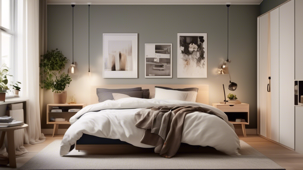 An elegant bedroom transformed with IKEA furniture, showcasing a modern and cozy design, featuring a stylish bed with minimalist bedding, sleek nightstands