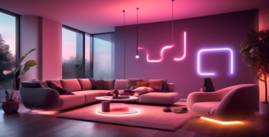 A modern living room with sleek furniture, equipped with smart home lighting. The room features adjustable LED lights in various colors around the ceiling,