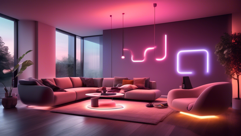 A modern living room with sleek furniture, equipped with smart home lighting. The room features adjustable LED lights in various colors around the ceiling,