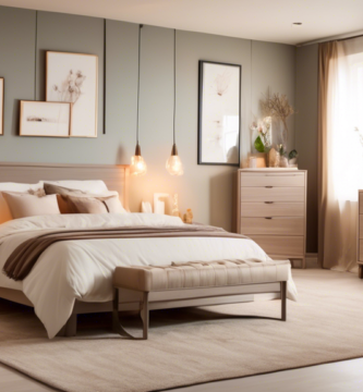 A cozy and stylish bedroom featuring a perfect bedroom set with a comfortable bed, matching nightstands, dresser, and a wardrobe. The furniture is arranged