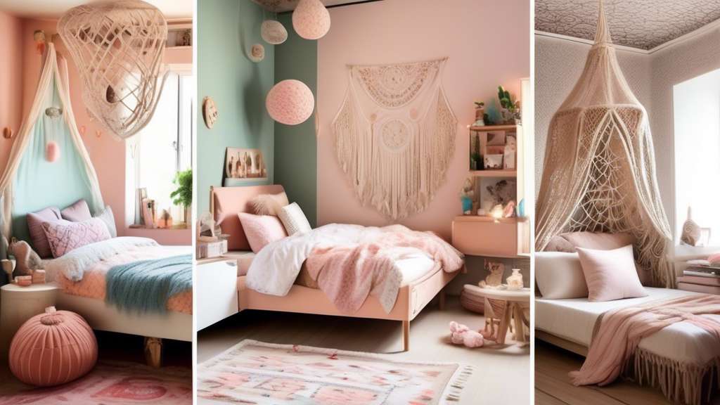 A series of visually captivating bedrooms for girls, each uniquely decorated to reflect different styles — one with a whimsical fairy-tale theme featuring