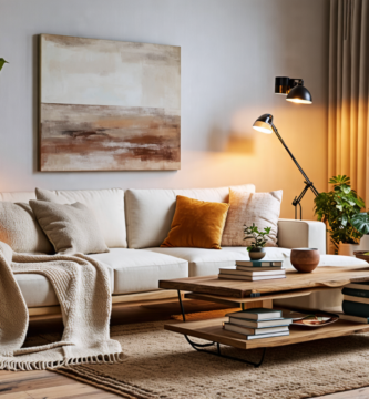 Create a warm and inviting living room scene with a mix of modern and rustic elements. Include a comfortable sofa with plush cushions and a soft throw blan