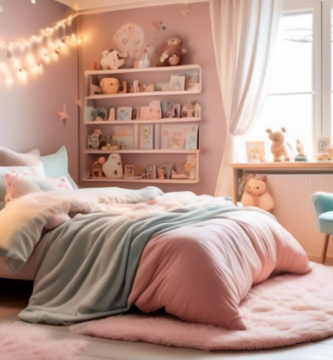 A cozy and whimsical bedroom decorated with pastel colors, plush bedding, and charming decor items such as fairy lights, stuffed animals, and a small readi