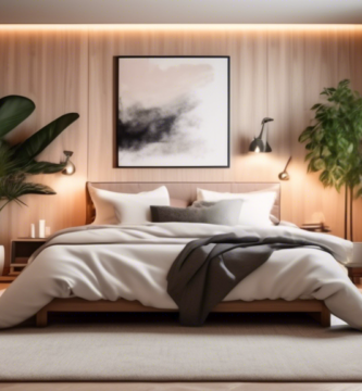 A modern bedroom with a stylish design, featuring a cozy king-size bed with lush, fluffy pillows and a chic comforter, accentuated by soft, ambient lightin