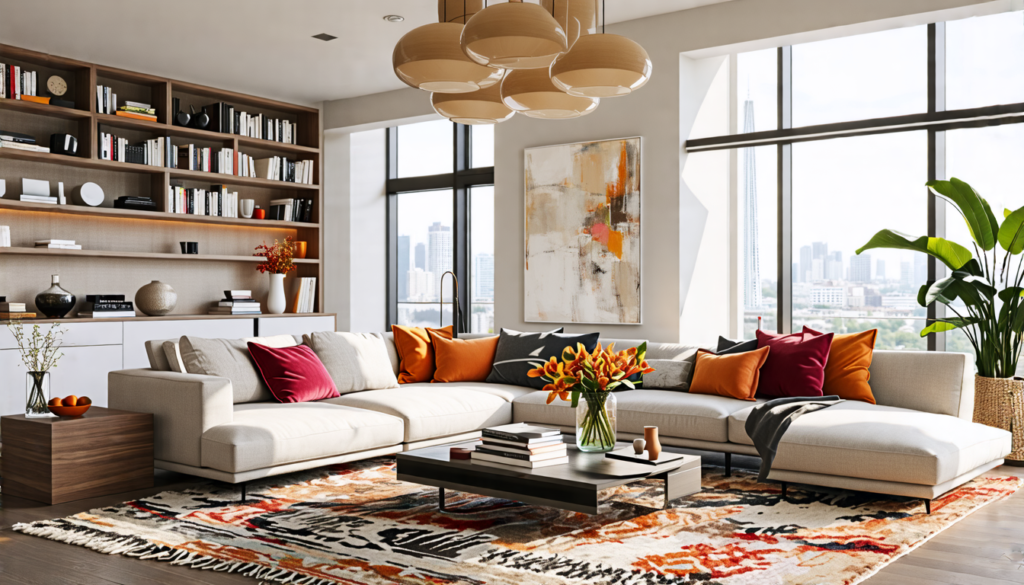 A modern and stylish living room, featuring a blend of contemporary and mid-century furniture. Picture a cozy sectional sofa in a neutral tone, accented wi