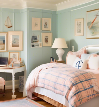 A cozy, elegant preppy bedroom with pastel-colored walls, a four-poster bed adorned with monogrammed pillows and a plaid comforter. There are nautical-them