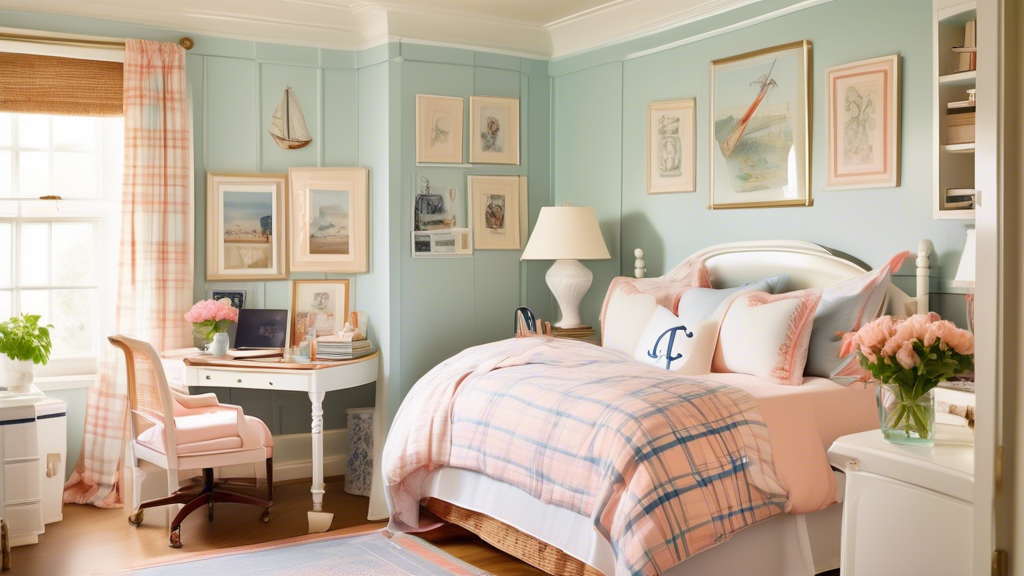 A cozy, elegant preppy bedroom with pastel-colored walls, a four-poster bed adorned with monogrammed pillows and a plaid comforter. There are nautical-them