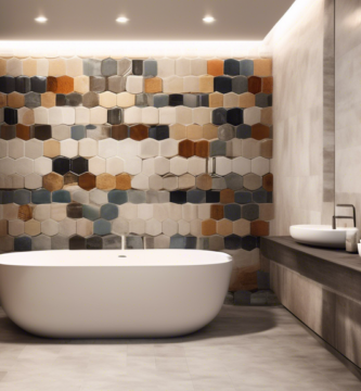 A modern and stylish bathroom with a variety of tiles on display, including ceramic, porcelain, and natural stone tiles. The image should showcase differen