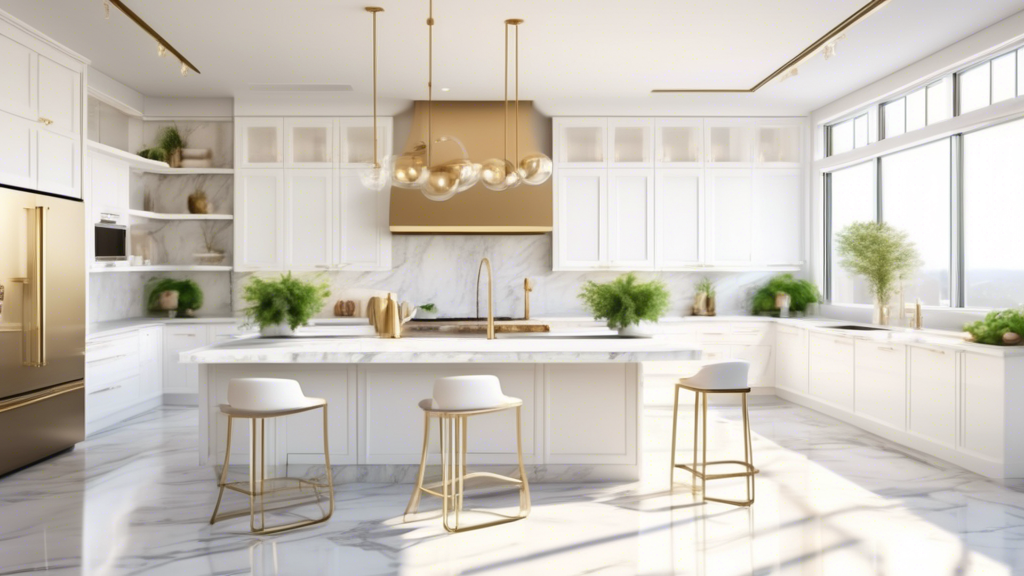 A bright, immaculate white kitchen featuring sleek marble countertops, modern stainless steel appliances, and minimalist cabinetry. Sunlight streams throug