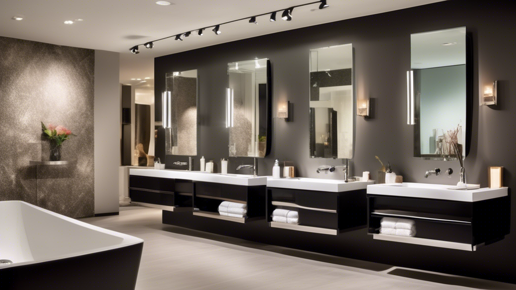 A modern bathroom showroom showcasing a variety of sink styles, including sleek wall-mounted designs, elegant pedestal sinks, and contemporary vessel sinks